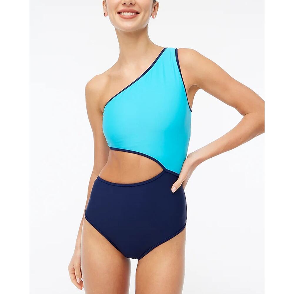New J. Crew‎ Womans Swimsuit XXL Cutout One Shoulder One Piece Stretch Blue NWT